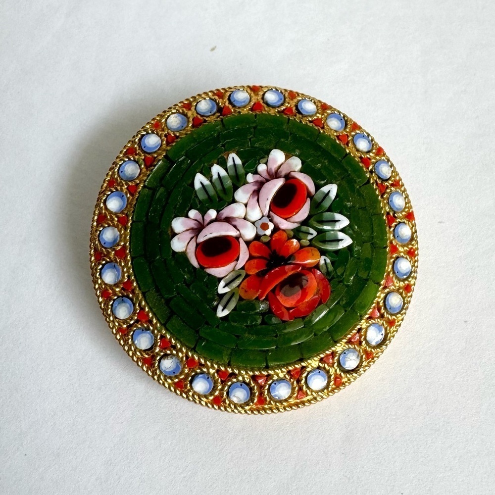 Vintage Micro Mosaic Brooch Green Rose Pin Signed Italy Italian Florentine - Picture 6 of 10